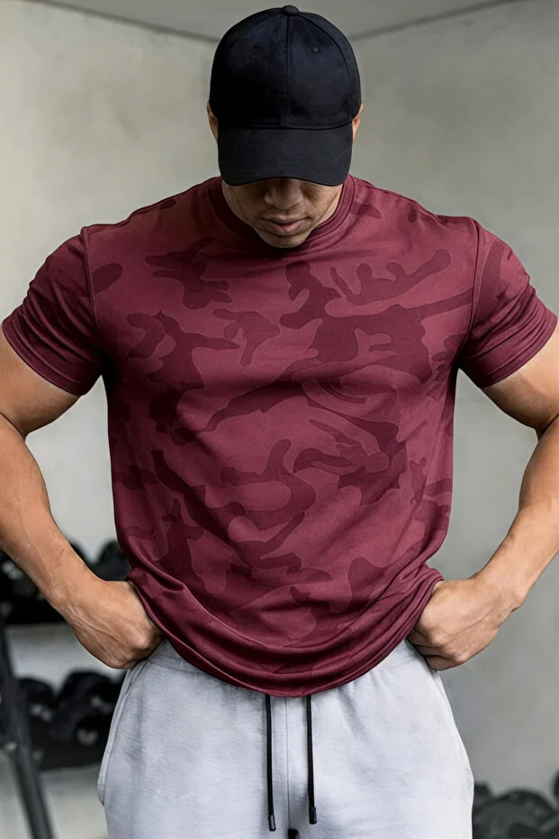 Erkek Nem Emici Hızlı Kuruma Atletik Teknik Kamuflaj Desenli Spor T-shirt